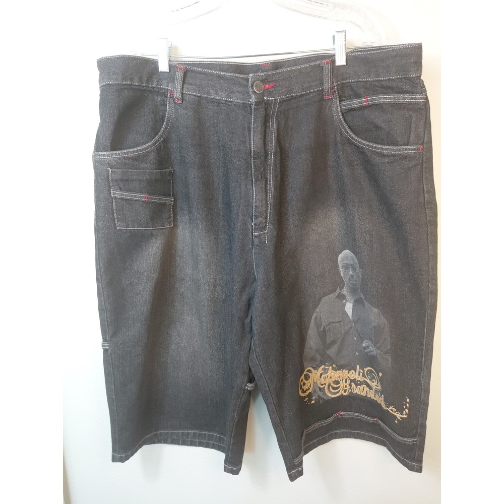Makaveli Tupac Denim Shorts Size 40 Y2K Embroidered Logo Baggy Blue Jean Shorts